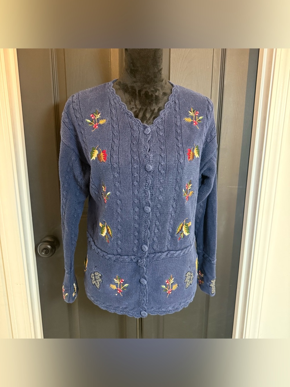 Vintage BonWorth Navy Floral Fall Leaves Embroidered V-Neck Cardigan